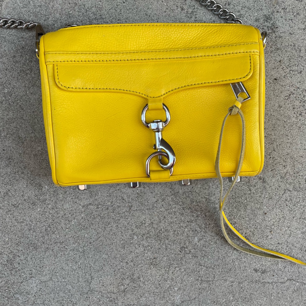 Canary Yellow Leather 5 Zip, Silver Chain Crossbody - Picture 2 of 13